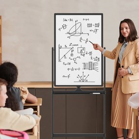 Quadro branco móvel magnético 60x90cm seco dupla face com rodas de suporte rotação 360° altura ajustável de 151-178cm no escritório escola Preto