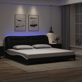 Estrutura cama c/ luz LED 200x200 cm couro artif. preto/branco