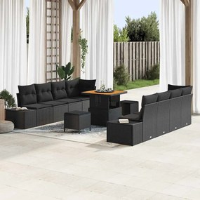 Conjunto de Sofá de Jardim de 11 Peças com Almofadas Preto Vime Poliéster Acácia