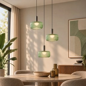 Candeeiro Suspenso de Design Gunmetal com Vidro Verde, Incl. LED Regulável em 3 Níveis, 3 Luzes Easylift - Fiera