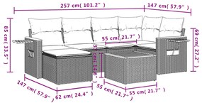 7 pcs conjunto sofás p/ jardim c/ almofadões vime PE cinzento