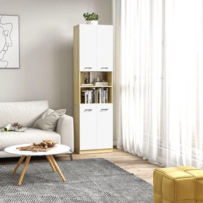 Coluna Casa de Banho Armário Alto Casa de Banho com 4 Portas 2 Prateleiras Abertas e Ajustáveis 53x34x196cm Branco e Madeira