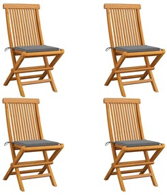 Cadeiras de jardim c/ almofadões cinzentos 4 pcs teca maciça