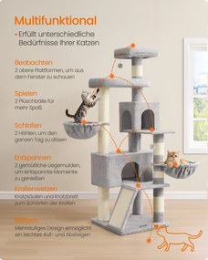 Arranhador para gatos de 55 x 55 x 174 cm com plataforma grande e cavidade dupla, cinzento