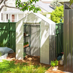 Estufa de jardim 140 x 73 x 190 cm com 1 porta, 2 janelas e 2 prateleiras em forma de U para legumes, plantas e flores; cobertura em PE