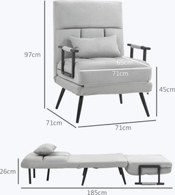 Poltrona convertível 3 em 1 em cama individual com encosto reclinável em 5 posições, braços e almofada, tecido com efeito de veludo, cinzento