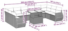 11 pcs conjunto sofás de jardim c/ almofadões vime PE preto