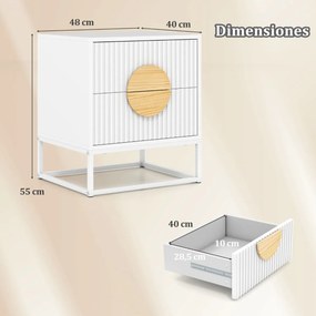 Mesa de cabeceira, mesa apoio 48 x 40 x 55 cm com 2 gavetas com moldura metálica e puxadores em madeira de pinho moderna com design ondulado elegante