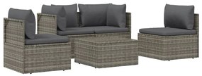 5 pcs conjunto lounge de jardim c/ almofadões vime PE cinzento