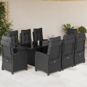 9 pcs conjunto de jantar p/ jardim c/ almofadões vime PE preto