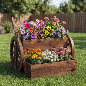 Floreira de Jardim em Forma de Carrinho, 64 x 54 x 50 cm, Dois Níveis, Castanho