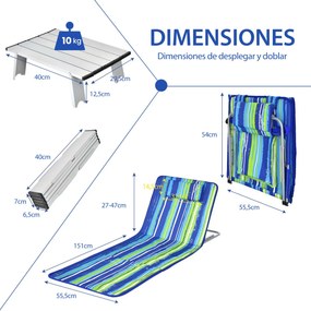 Conjunto de 2 espreguiçadeiras de praia dobráveis Tapetes de praia com mesa portáteis para a praia, jardim, campismo Riscas azuis