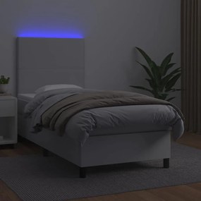 Cama box spring c/ colchão/LED 90x190cm couro artificial branco