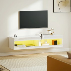 Móvel de TV Suspenso com Luzes LED com Controlo Remoto Compartimentos Orifício Passa-Cabos 140x40x30 cm Branco Brilhante