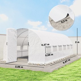 Estufa de Túnel 6x3x2 m com Porta de Dobradiças,12 Janelas com Rede e Estrutura de Aço Galvanizado Branco