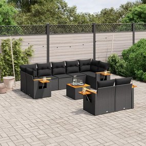 vidaXL 10 pcs conjunto sofás de jardim c/ almofadões vime PE preto