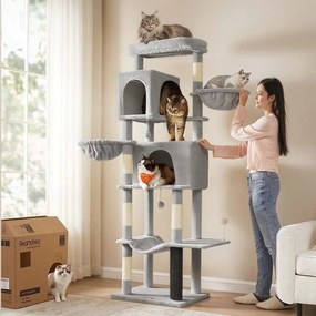 Arranhador para gatos com 190,7 cm de altura, 2 cavernas e 2 cavidades para descansar Cinzento