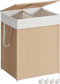Cesto para roupa suja 100 L com 2 compartimentos e rodas bege natural-branco