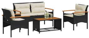 4 pcs conjunto de sofás para jardim c/ almofadões vime PE preto