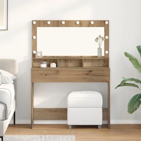 Mesa de Maquilhagem com Luzes LED em Carvalho Artesanal, 100x41x135 cm