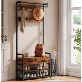 Bengaleiro entrada com banco para sapatos e 10 ganchos 30 x 80,4 x 181,6 cm preto-castanho vintage