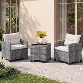 Conjunto de jardim de 3 peças, composto por cadeiras de rattan e mesa com tampo de vidro temperado para pátio, rattan em mistura de cinzento com almof