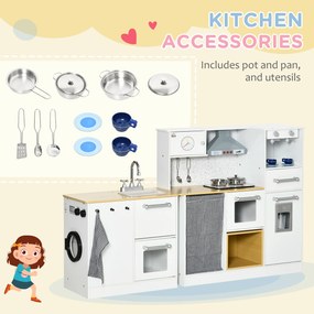HOMCOM Cozinha Infantil de Madeira Cozinha para Crianças acima de 3 Anos com Luz Sons Máquina de Café Frigorífico Lavatório Branca