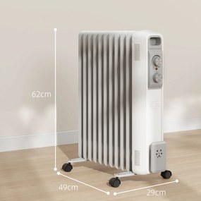 Aquecedor a Óleo Silencioso 2500W com Temperatura Ajustável 3 Ajustes de Aquecimento para 25 m² 29x49x62 cm Branco