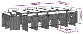 15 pcs conjunto de jantar p/ jardim com almofadões vime PE bege