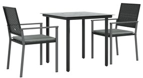 3 pcs conjunto de jantar p/ jardim c/ almofadões vime PE e aço