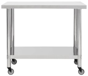 Mesa de trabalho de cozinha c/ rodas aço inoxidável 100x45x85cm