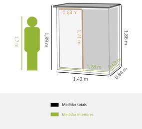 Outsunny Abrigo de Jardim 142x84x189cm Abrigo de Jardim de Aço Galvanizado com Porta Fechadura e Orifícios de Drenagem para Armazenamento de Ferramentas Verde