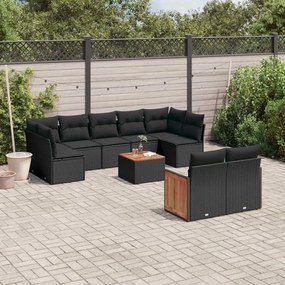 10 pcs conjunto sofás de jardim c/ almofadões vime PE preto