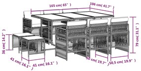 11 pcs conjunto de jantar p/ jardim c/ almofadões vime PE preto