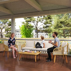 Conjunto de Jardim em Vime com Almofadas Móveis de Exterior com 2 Poltronas Sofá de 3 Lugares Mesa Creme e Madeira