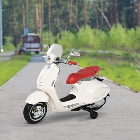 Scooter Vespa elétrica para crianças, 6 V, 108 L x 49 l x 75 H cm, música, buzina, 2 rodas auxiliares, 3-6 anos, Branca
