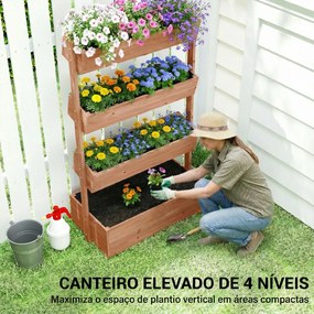 Floreira de Madeira de 4 Níveis Canteiro Elevado Exterior com Orifícios de Drenagem Tecido Não Tecido Castanho