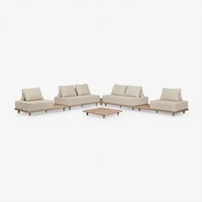 Conjunto De Jardim Com Sofá Modular De Canto De 4 Peças Com Mesas Auxiliares E Mesa De Centro 95x95 Cm Em Acácia Portet Marrom Acácia Claro - Sklum
