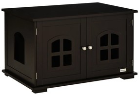 PawHut Casa para Gatos de Madeira Móvel para Caixa de Areia para Gatos 2 em 1 com Armário de Armazenamento Ampla Bancada 2 Portas com Janelas e Orifício de Entrada Lateral 80,3x52,6x48,8 cm Café