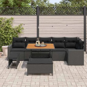 Sofá de Jardim com 9 Peças e Almofadas Pretas em Rattan Sintético e Ac