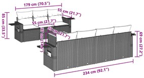 8 pcs conjunto sofás de jardim c/ almofadões vime PE cinzento