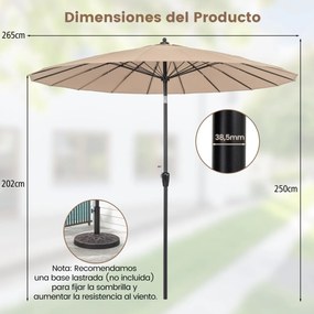 Guarda-sol redondo de 265 cm com 18 varas de fibra de vidro, botão de inclinação, manivela e toldo de alumínio para pátio ou piscina Café