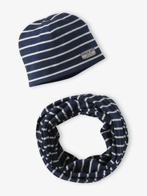 Conjunto às riscas, gorro + gola snood, para menino marinho