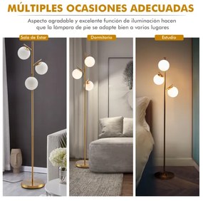 Candeeiro de pé moderno com 3 globos, luz de chão com interruptor de pé e 3 soquetes de lâmpada E27, decoração para sala de estar, quarto, dourado