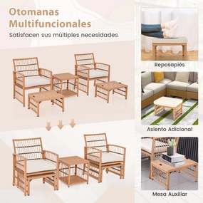 Conjunto de jardim exterior de 5 peças: mesa e cadeiras de rattan PE com almofadas macias, mesa de centro de 2 níveis e 2 Pufes, cor natural e almofad
