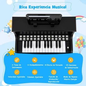 Piano de brincar com 25 teclas para crianças 38 x 24 x 47 cm, com banco e suporte, velocidade e volume ajustáveis, modo de aprendizagem, design em mad