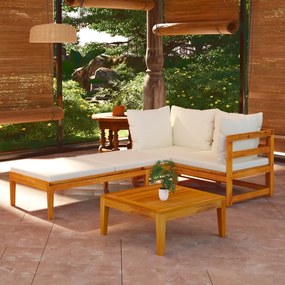 vidaXL 3 pcs conj. lounge de jardim c/ almofadões branco nata acácia