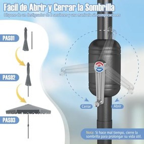 Guarda-sol 300 x 251 cm com manivela, inclinação com botão, ventilação superior e 8 varas para piscina ou praia, cinza