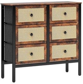 HOMCOM Cómoda para Dormitório Cómoda de Tecido com 6 Gavetas Dobráveis com Frentes de Vime 88x30x83 cm Marrom Rústico