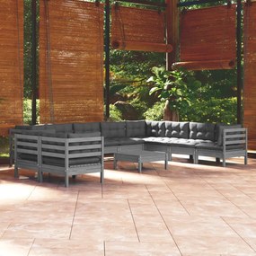 11pcs conjunto lounge de jardim + almofadões pinho maciço cinza